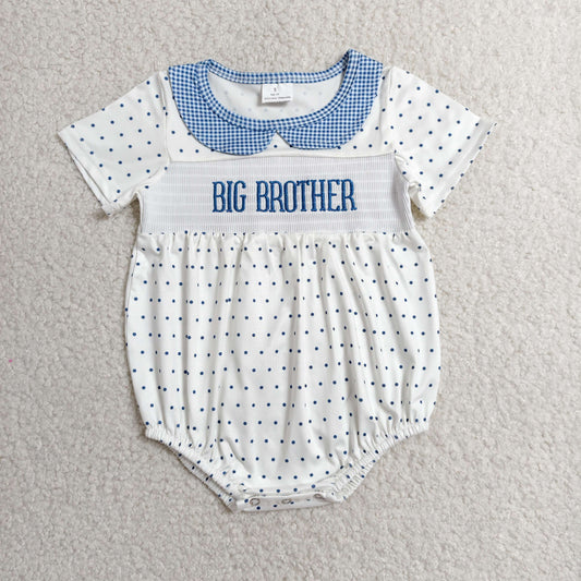 RTS NO MOQ milk silk SR3980 Polka Dot Print Collared Short Sleeve Smocked Big Brother One Piece Rompers For Baby Boys