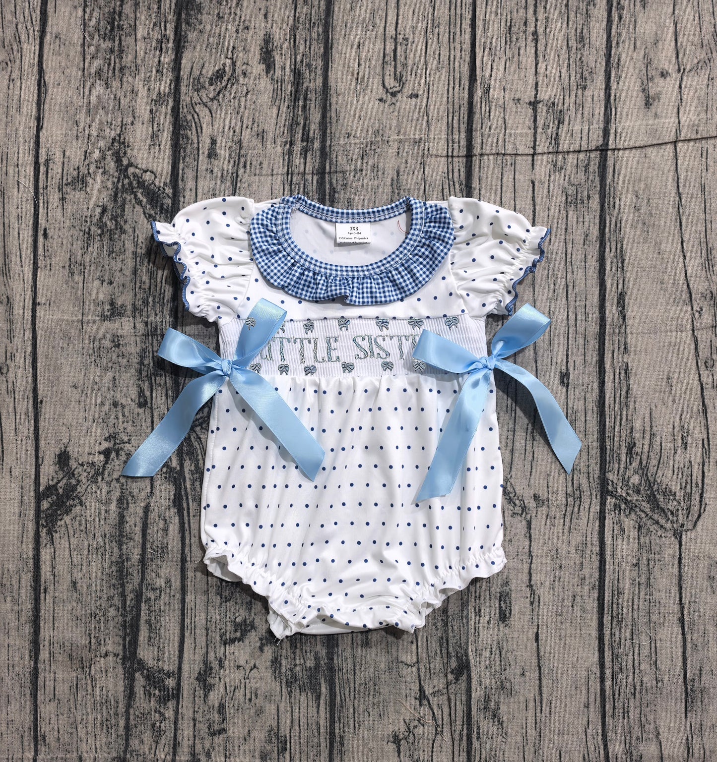 (Pre Order) No moq SR3981 Smocked Toddler Girls Cute Polka Dot Pattern Bow Collar Smocked Ruffle Rompers