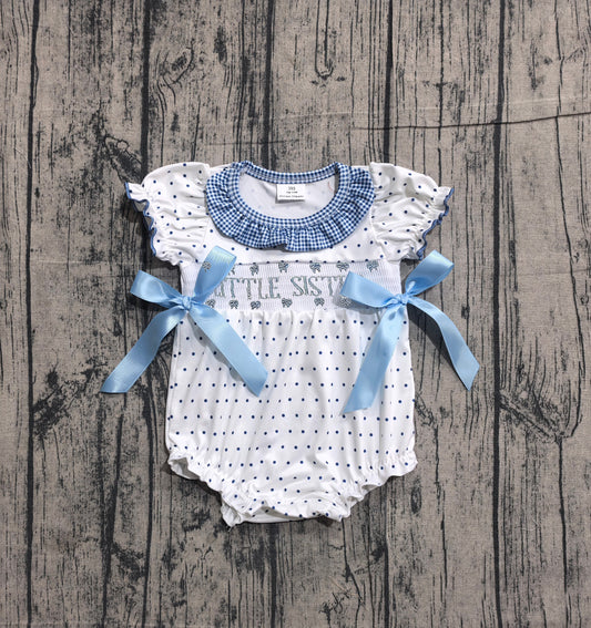 (Pre Order) No moq SR3981 Smocked Toddler Girls Cute Polka Dot Pattern Bow Collar Smocked Ruffle Rompers