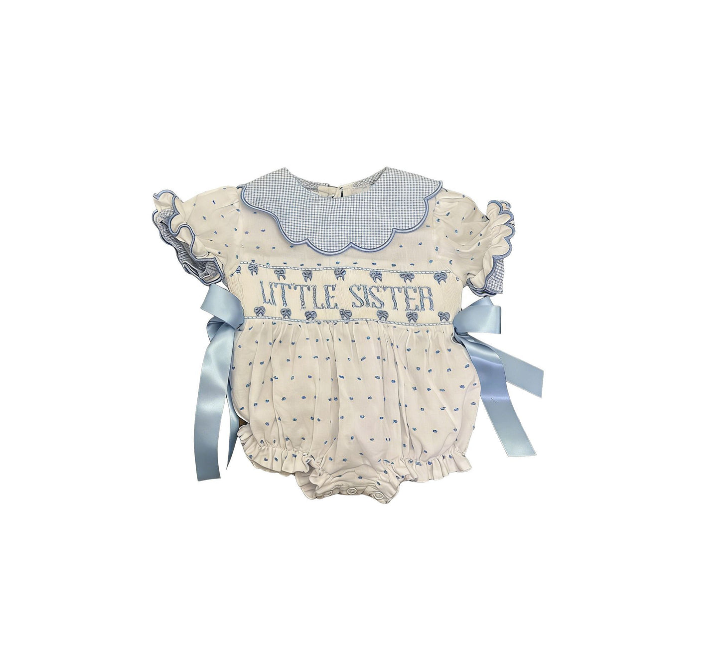 (Pre Order) No moq SR3981 Baby Girls Smocked Little Sister Polka Dot Bow Ruffle  Rompers