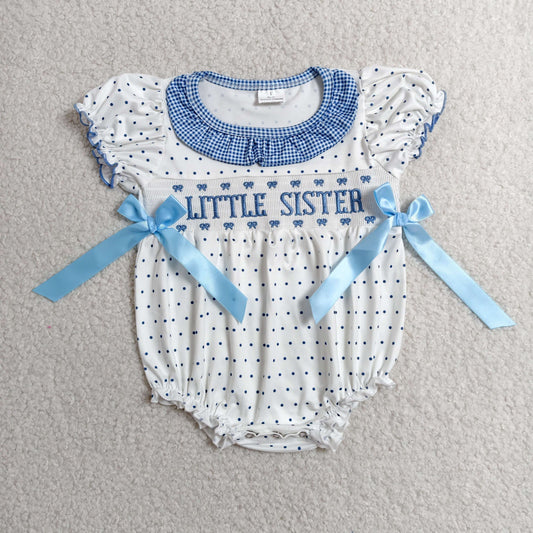 RTS NO MOQ milk silk SR3981 Smocked Toddler Girls Polka Dot Pattern Bow Collar Smocked Ruffle Rompers