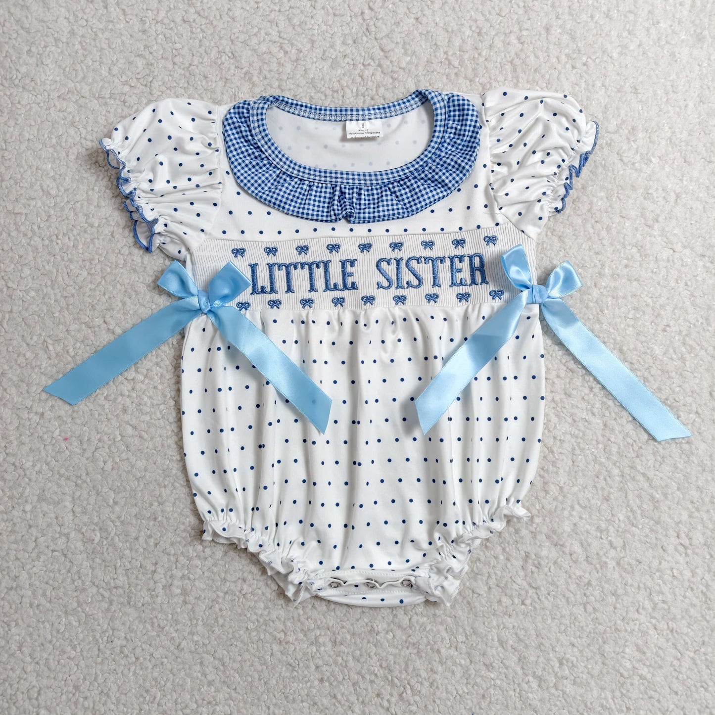 RTS NO MOQ Sibling milk silk Baby Boys And Girls Polka Dots Smocked Short Sleeve Rompers