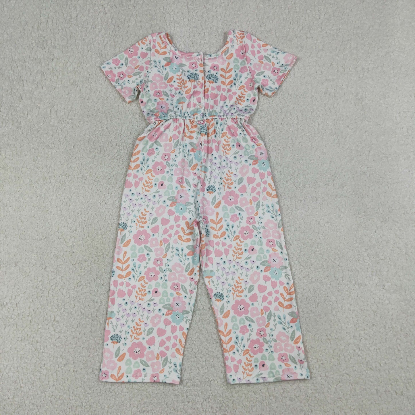 RTS NO MOQ SR3987 Baby Girls Pink Floral Short Sleeve Jumpsuit with Pockets Cute Outfit for Little Ones
