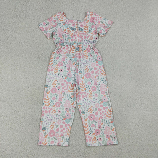 RTS NO MOQ SR3987 Baby Girls Pink Floral Short Sleeve Jumpsuit with Pockets Cute Outfit for Little Ones