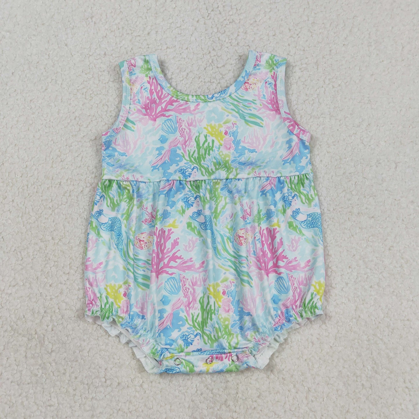 RTS NO MOQ Sibling Baby Girls Sleeveless Colorful Sea Plant Print Knee-Length Dress Rompers for Infants