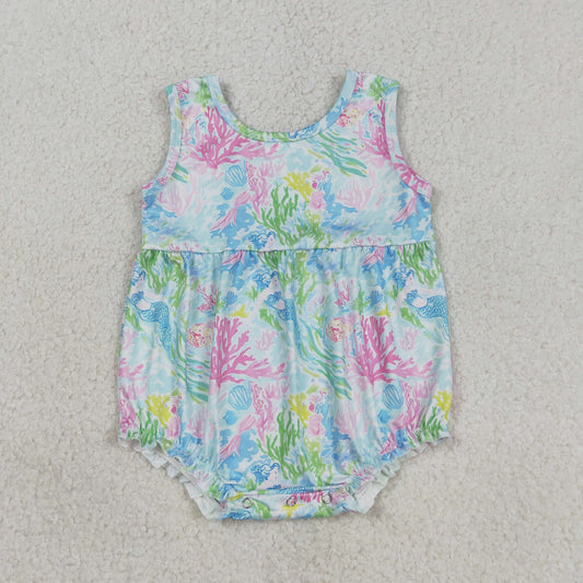 RTS NO MOQ SR3991 Baby Girls Sleeveless Ruffle Rompers Watercolor Sea Plants Print Cute Baby Girl Outfit