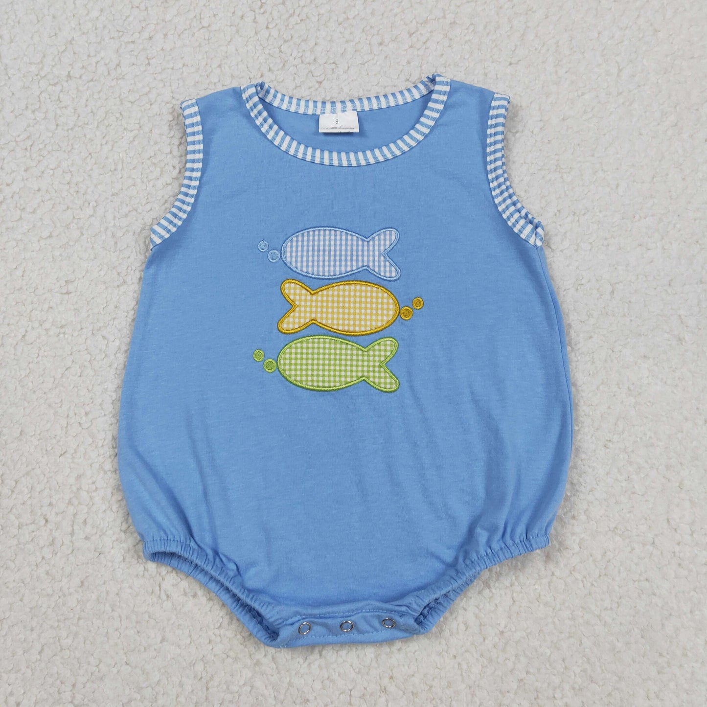 RTS NO MOQ milk silk SR4005 Baby Boys Sleeveless Solid Color Fish Embroidery Hunting Rompers