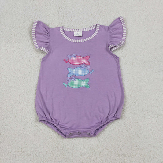 RTS NO MOQ SR4006 Baby Girls Embroidery Fishes Rompers with Flutter Sleeves And Ruffle Hunting Style for Girls