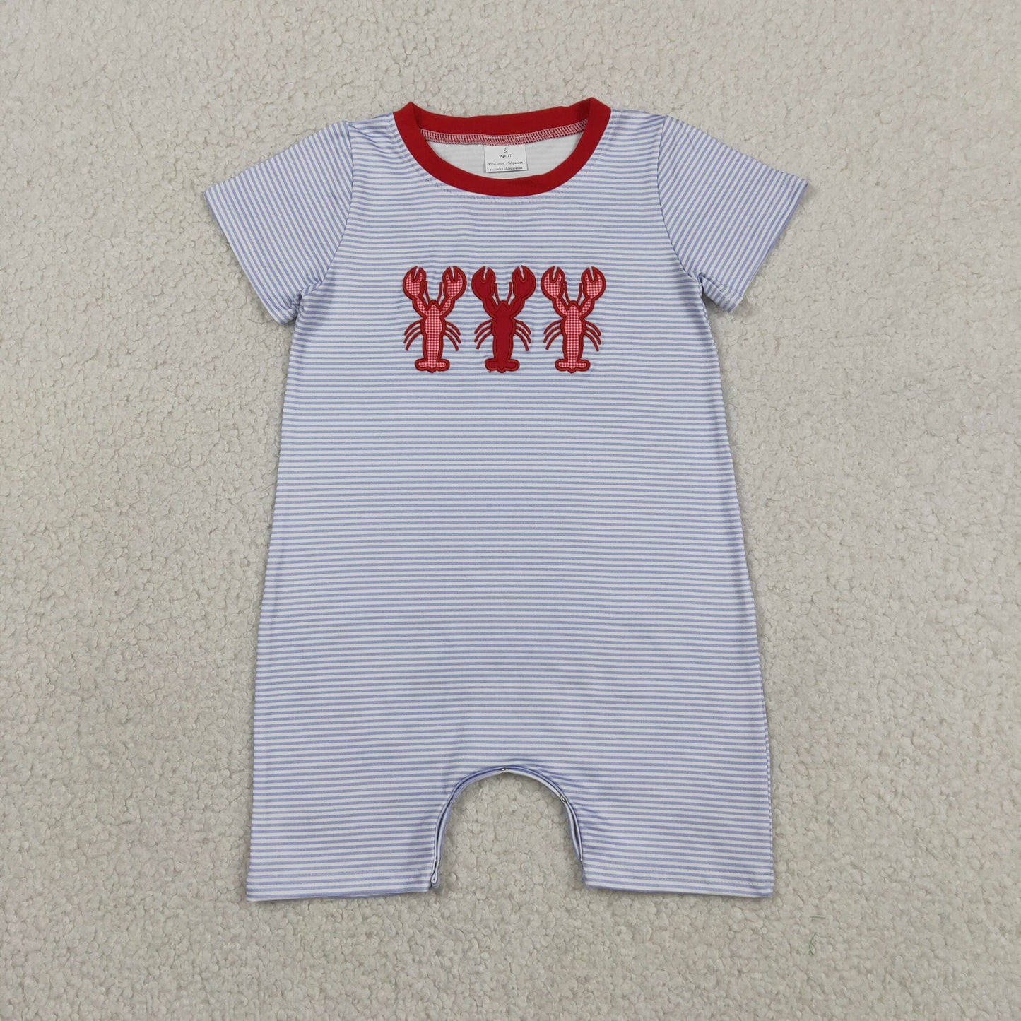 RTS NO MOQ milk silk SR4007 Baby Boys Cute Crayfish Embroidery Blue Stripe Casual Rompers