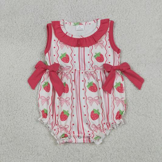 RTS NO MOQ SR4011 Baby Girls Sleeveless Rompers Strawberry Bows Stripe Ruffle Outfit