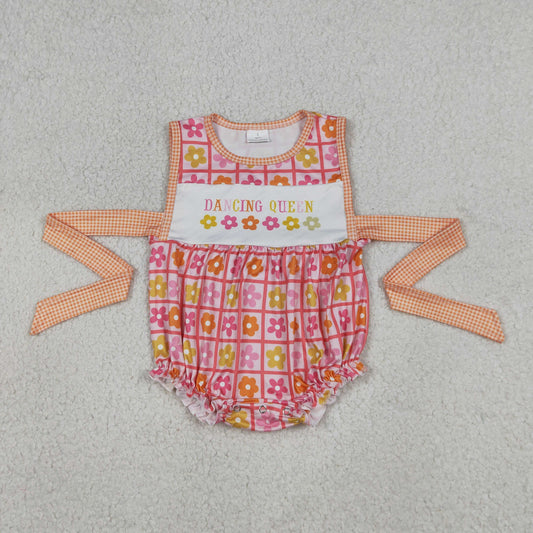 RTS NO MOQ SR4018 Baby Girls Checked Rompers with Ruffle Belt Dancing Queen Print Floral Design Baby Girl's Outfit Rompers for Infants