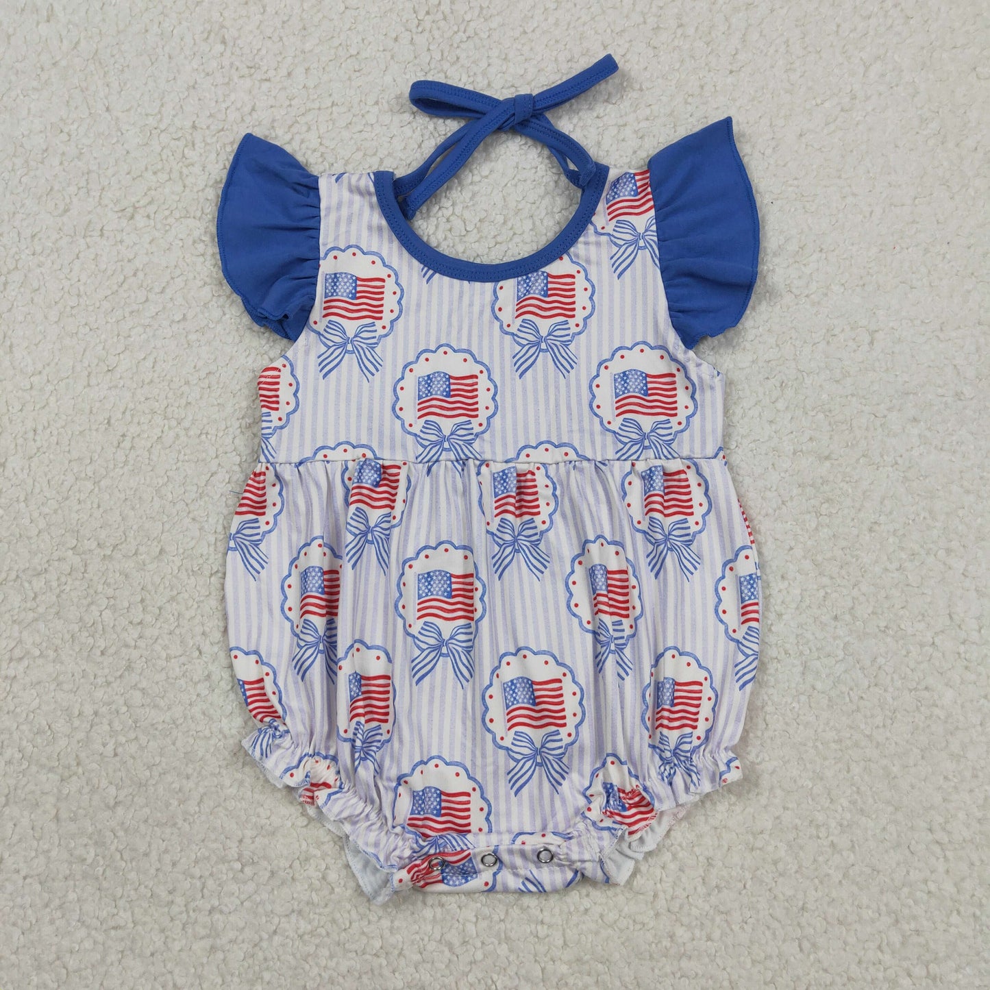 RTS NO MOQ SR4029 Baby Girls 4th of July Ruffle Rompers with Flutter Sleeves Stripe Bows Flags