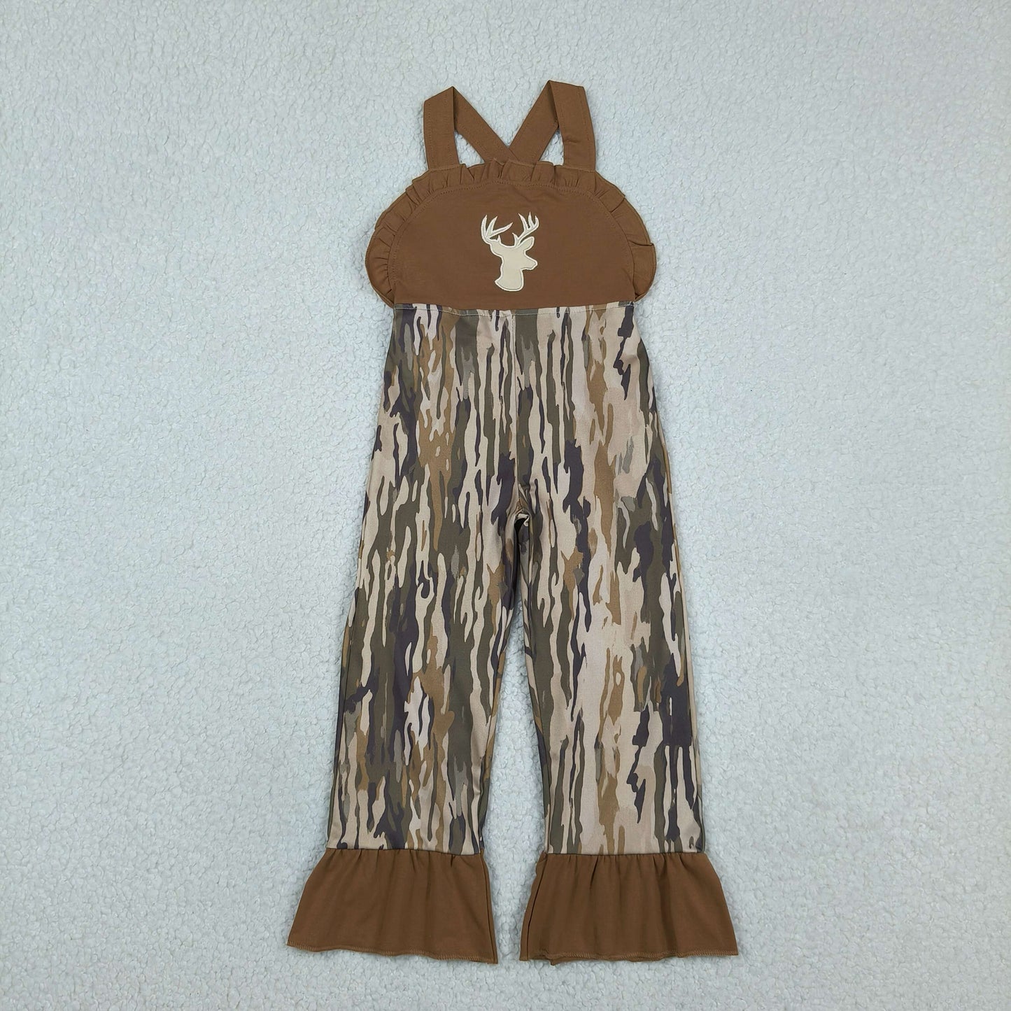RTS NO MOQ Sibling milk silk Baby Girls Hunting Deer Embroidery Southern Olive Wood Camo Strap Jumpsuits