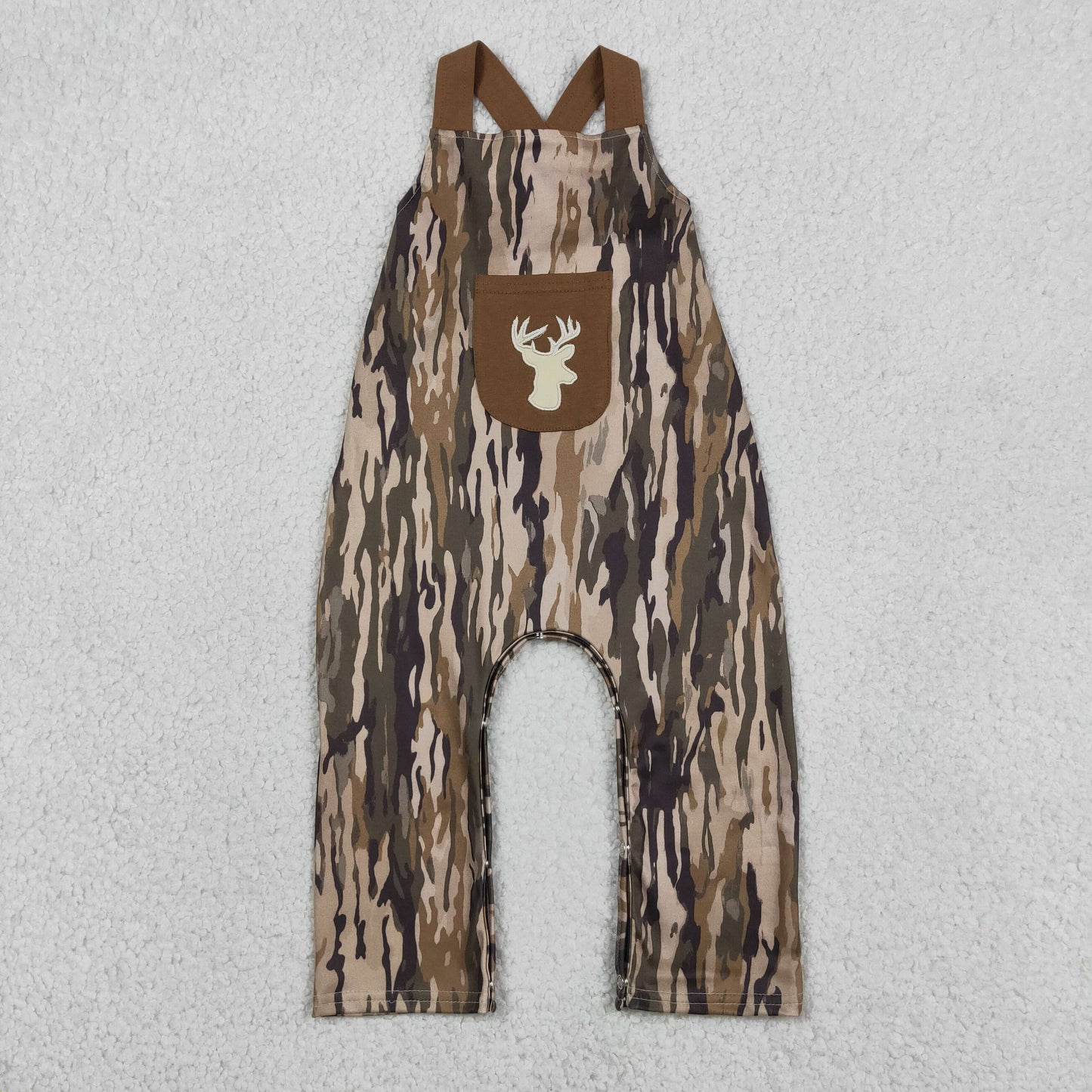 RTS NO MOQ Sibling milk silk Baby Girls Hunting Deer Embroidery Southern Olive Wood Camo Strap Jumpsuits