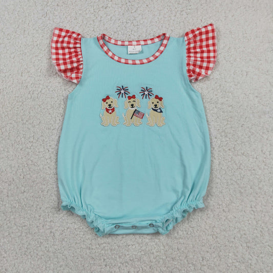 RTS NO MOQ milk silk SR4051 Baby Girls Cute Embroidery Dogs Flags Ruffle Flutter Sleeve Rompers