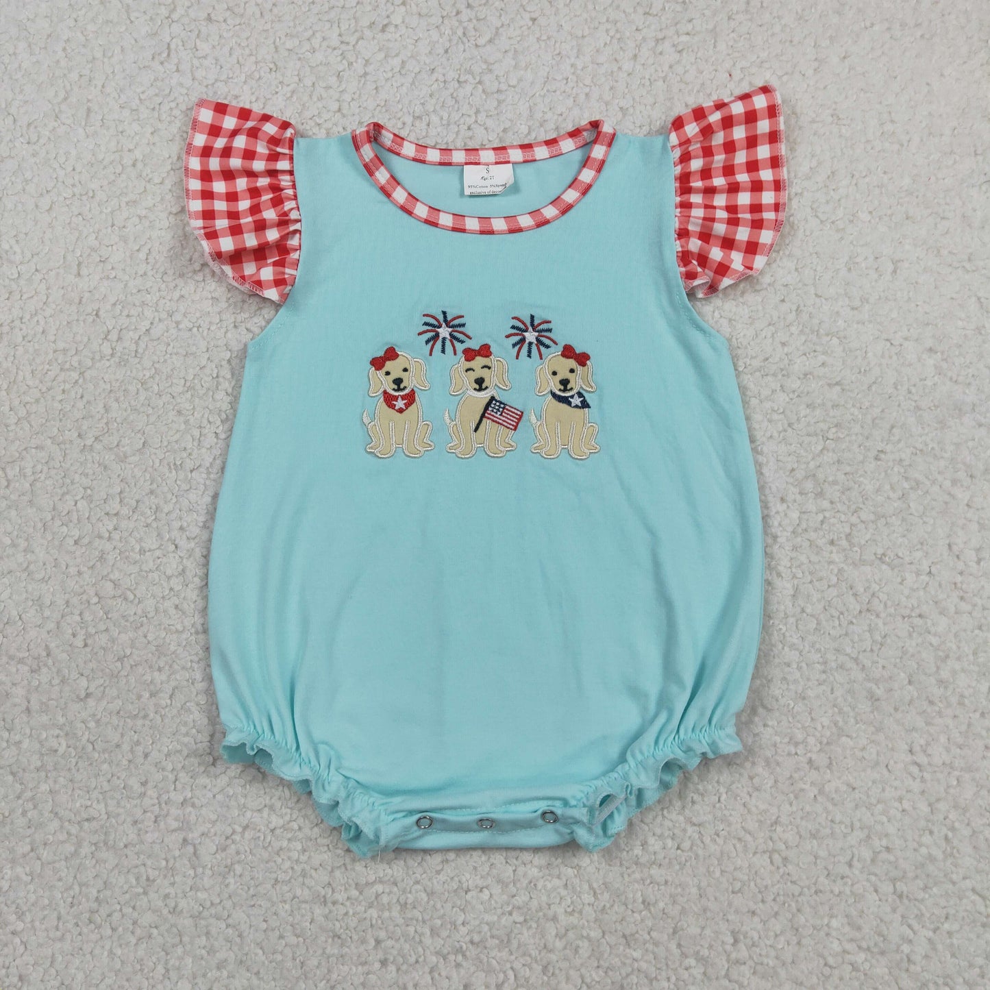 RTS NO MOQ Sibling milk silk Baby Boys And Girls 4th of July Embroidery Flag Dogs Top And Checked Shorts Set Ruffle Romper