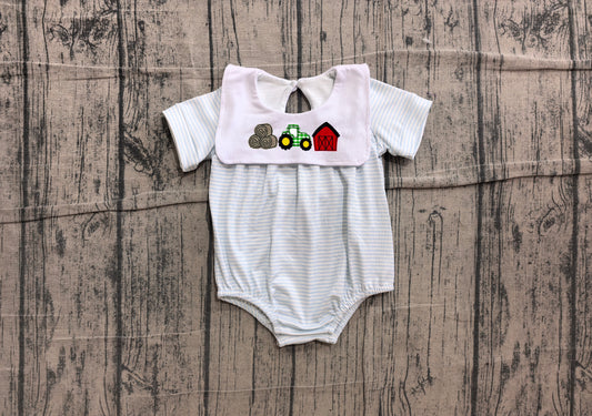 (Sample) No moq SR4075 Embroidery Baby Boys Farm Stripe Truck House Rompers