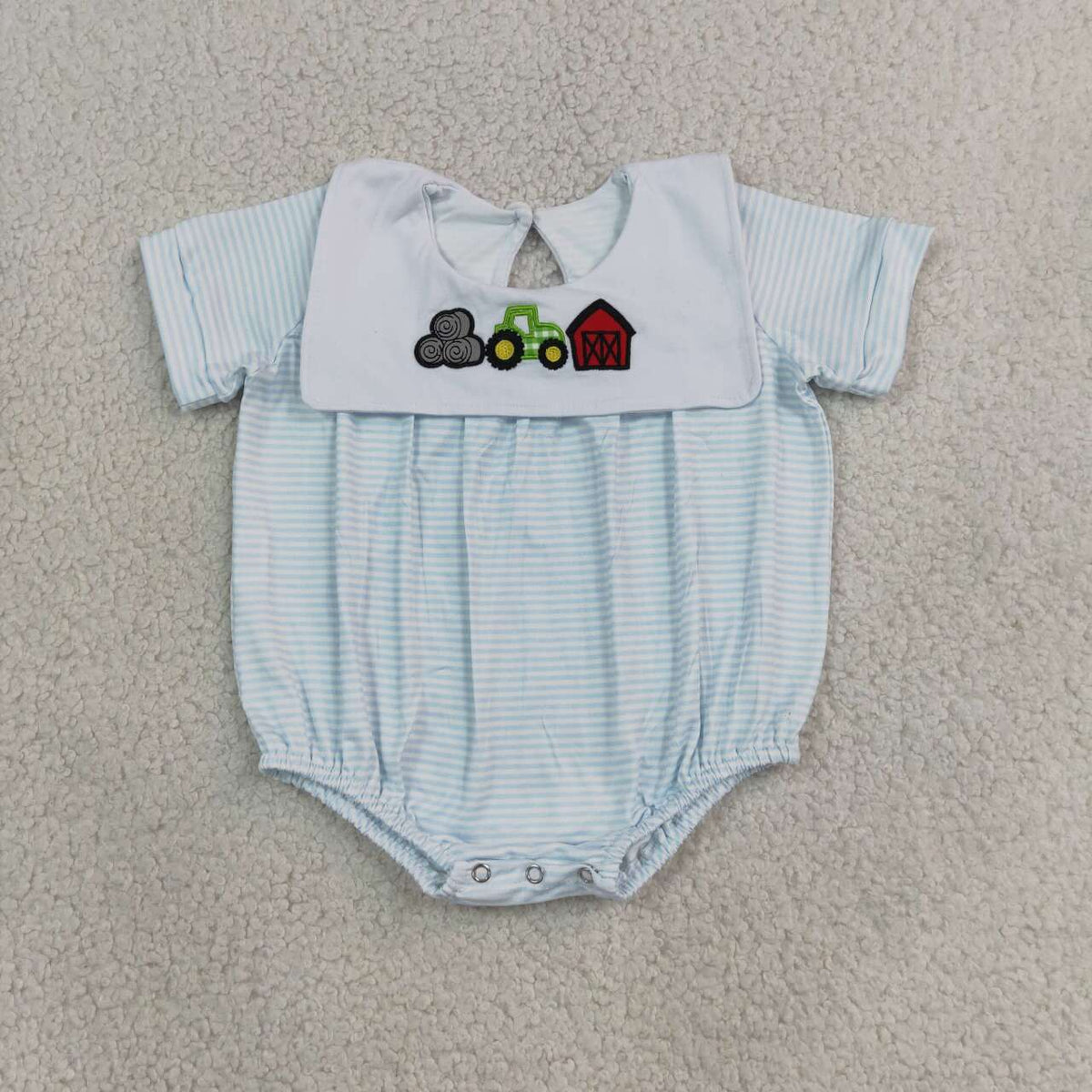 NEW RTS NO MOQ milk silk SR4075 Embroidery Baby Boys Farm Stripe Truck House Short Sleeve Rompers