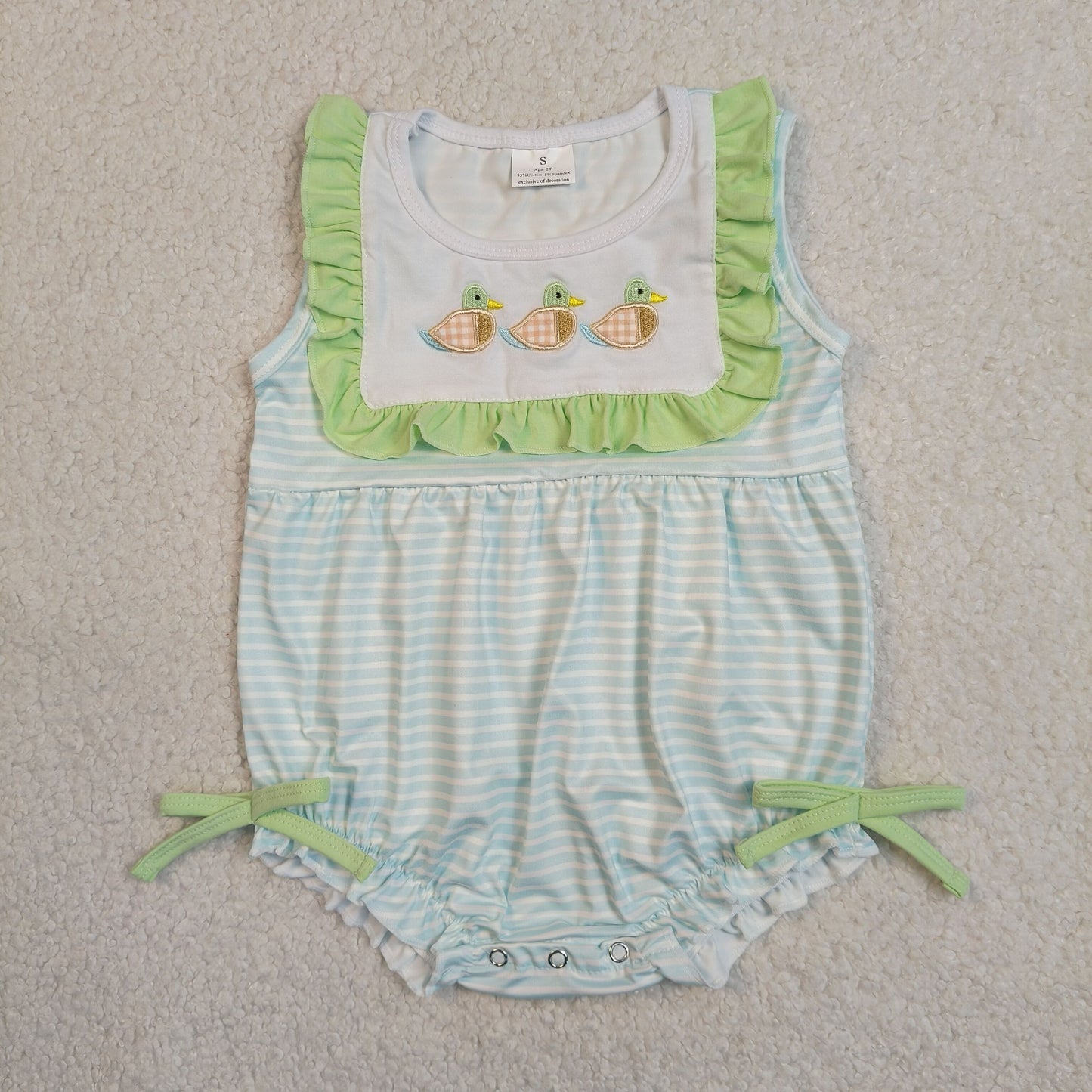 RTS NO MOQ Sibling Baby Boys Girls Cute Duck Embroidery Green Stripe Hunting Collar Rompers