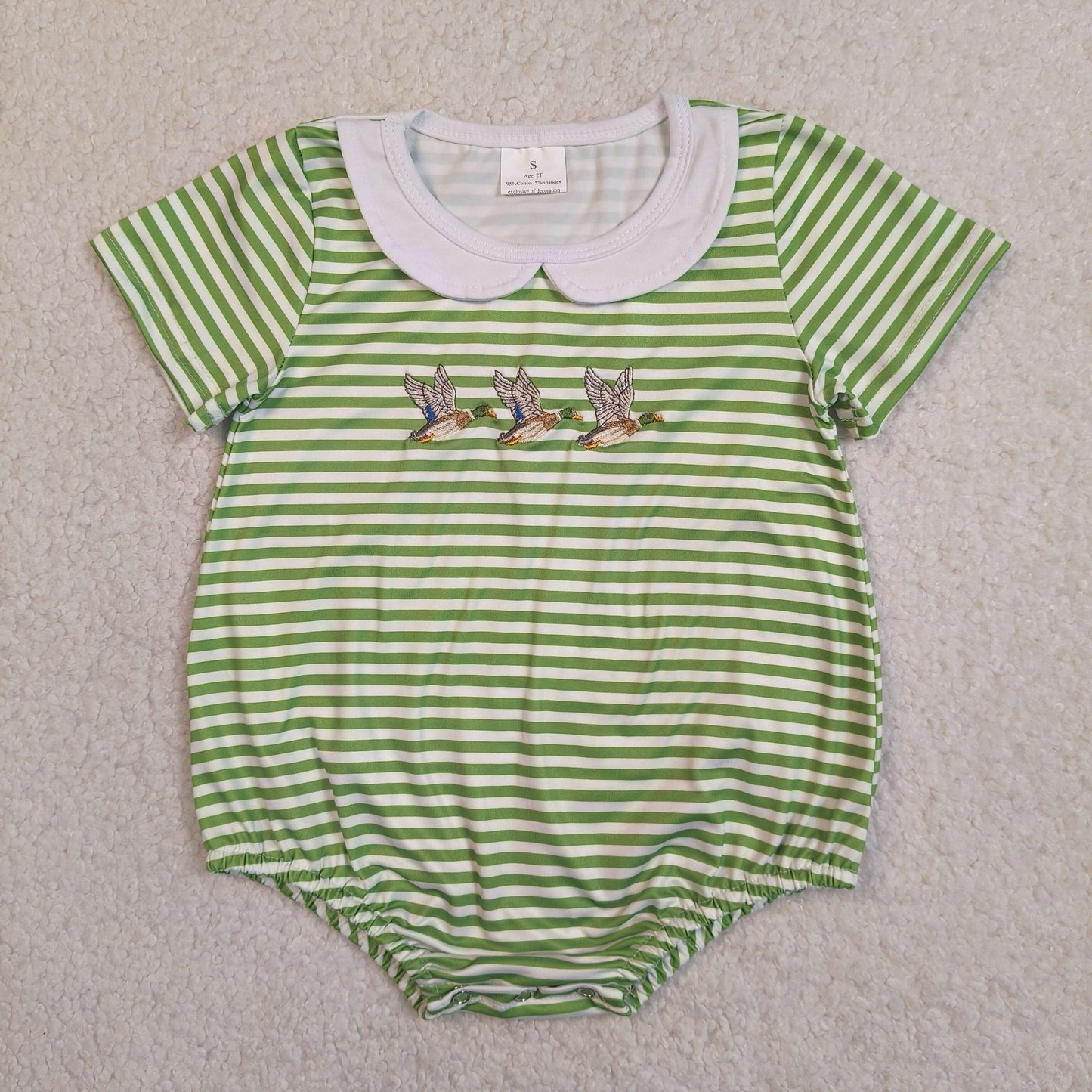 RTS NO MOQ Sibling Baby Boys Girls Cute Duck Embroidery Green Stripe Hunting Collar Rompers