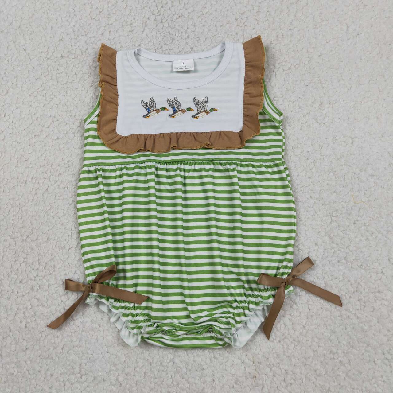 RTS NO MOQ milk silk SR4084 Green Stripe Duck Embroidered Sleeveless Rompers For Baby Girls