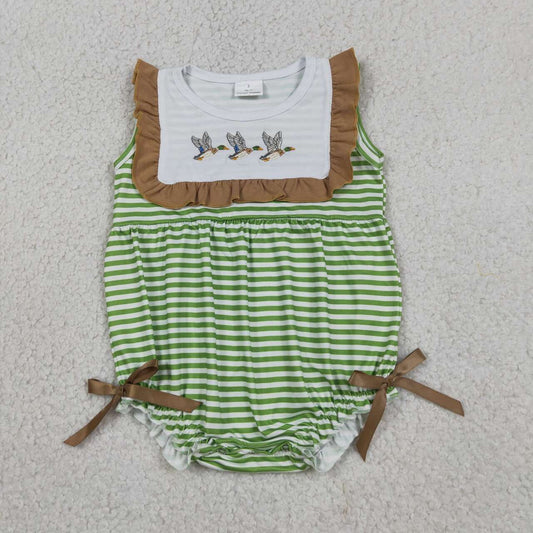 RTS NO MOQ milk silk SR4084 Green Stripe Duck Embroidered Sleeveless Rompers For Baby Girls