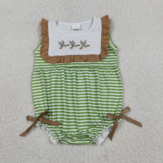 RTS NO MOQ milk silk SR4084 Embroidery Ducks Baby Girls Sleeveless Green Stripe Ruffle Rompers