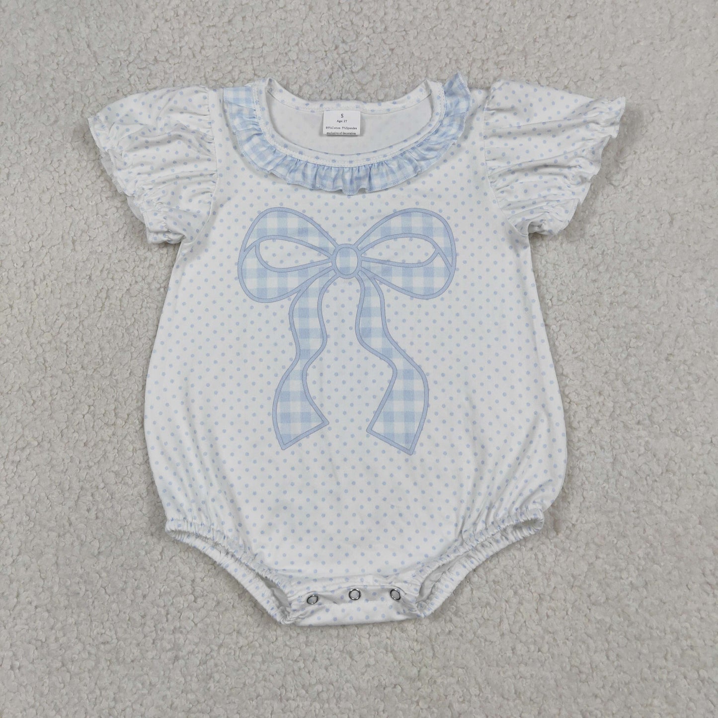 RTS NO MOQ milk silk SR4089 Baby Girls Blue Polka Dot Bow Ruffle Short Sleeve Romper