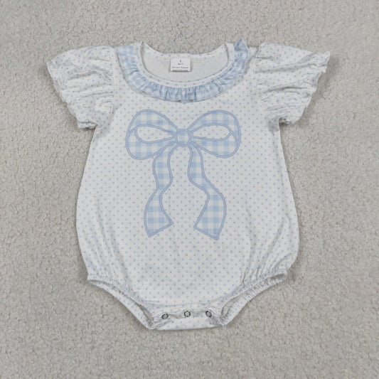 RTS NO MOQ milk silk SR4089 Baby Girls Blue Polka Dot Bow Ruffle Short Sleeve Romper