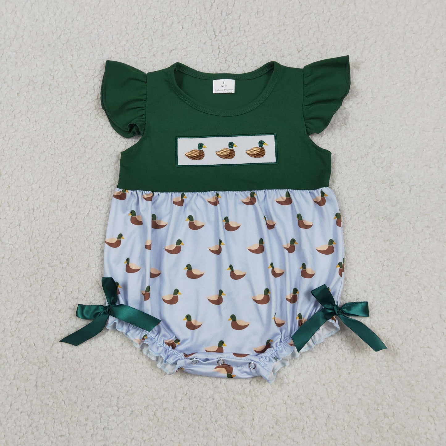 RTS NO MOQ Sibling milk silk Baby Boys Girls Green Flutter Sleeve Embroidery Ducks Hunting Ruffle Rompers