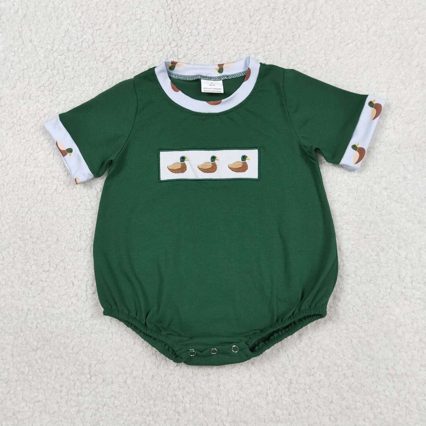 RTS NO MOQ Sibling milk silk Baby Boys Girls Green Flutter Sleeve Embroidery Ducks Hunting Ruffle Rompers