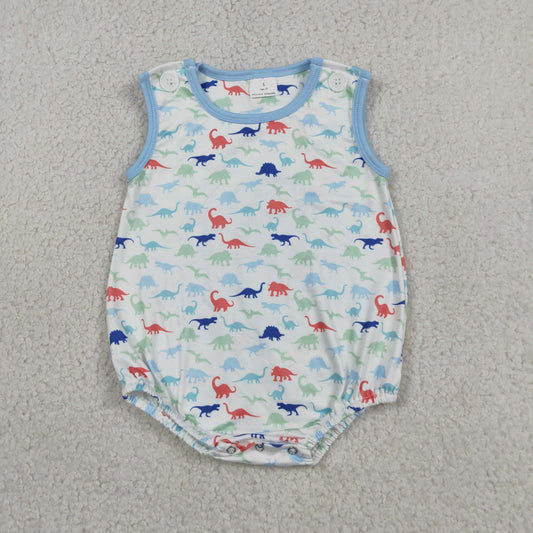 RTS NO MOQ milk silk SR4096 Baby Boys Cute Sleeveless Plaid Dinosaur Casual Rompers
