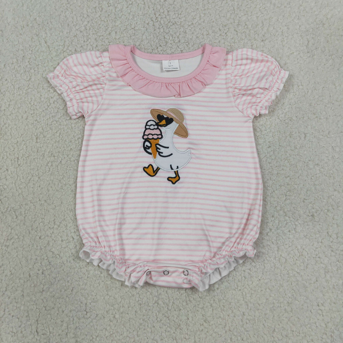 NEW RTS NO MOQ milk silk SR4101 Embroidery Baby Girls Cute Ice Cream And Goose Pink Stripe Ruffle Rompers