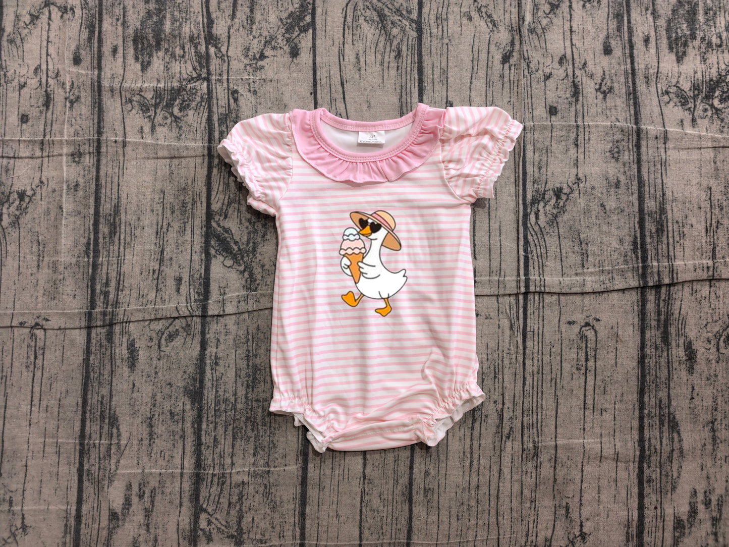 (Sample) No moq SR4101 Embroidery Baby Girls Ice Cream And Goose Pink Stripe Ruffle Rompers