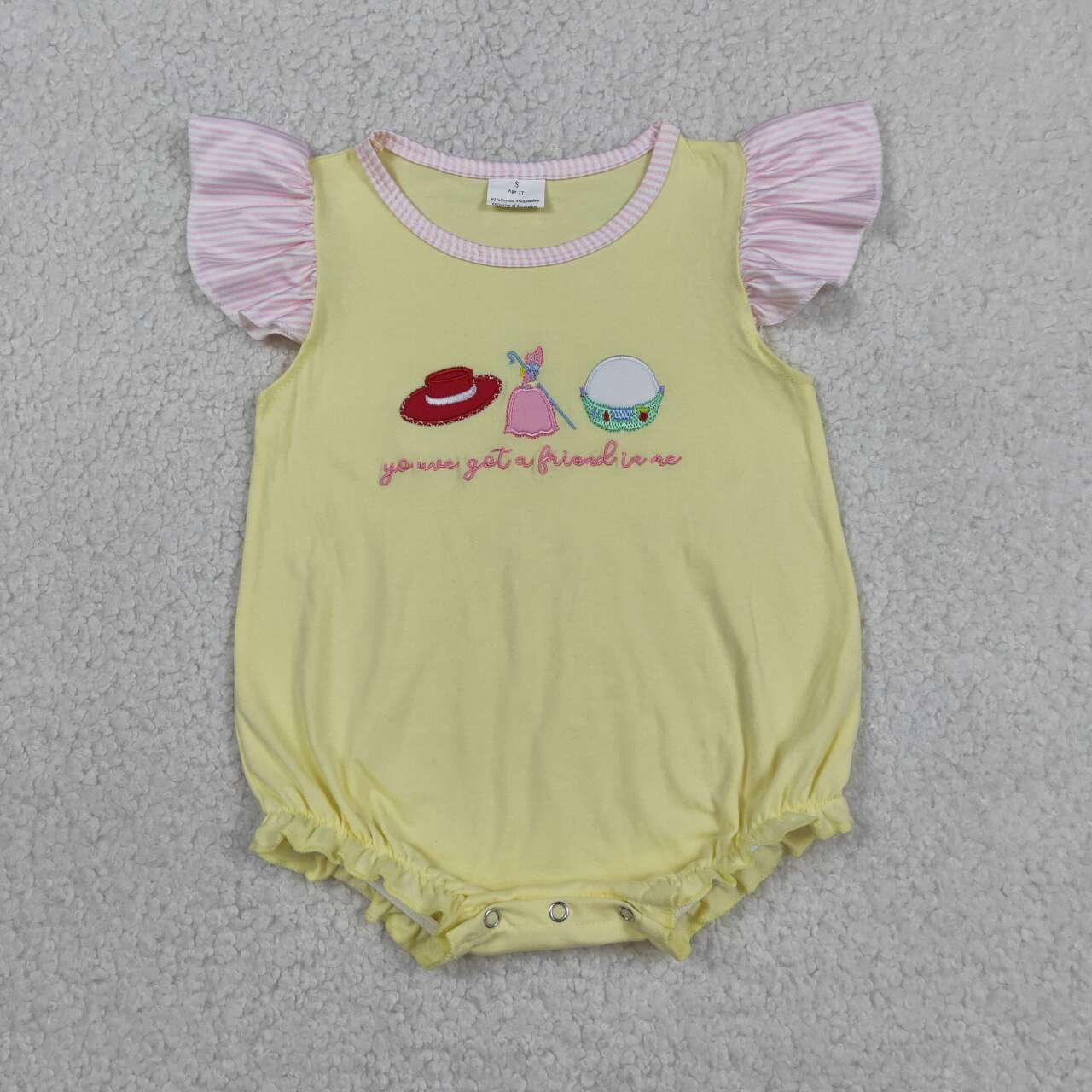 RTS NO MOQ milk silk SR4105 Baby Girls Got a Friend Embroidery Hats Flutter Sleeve Rompers