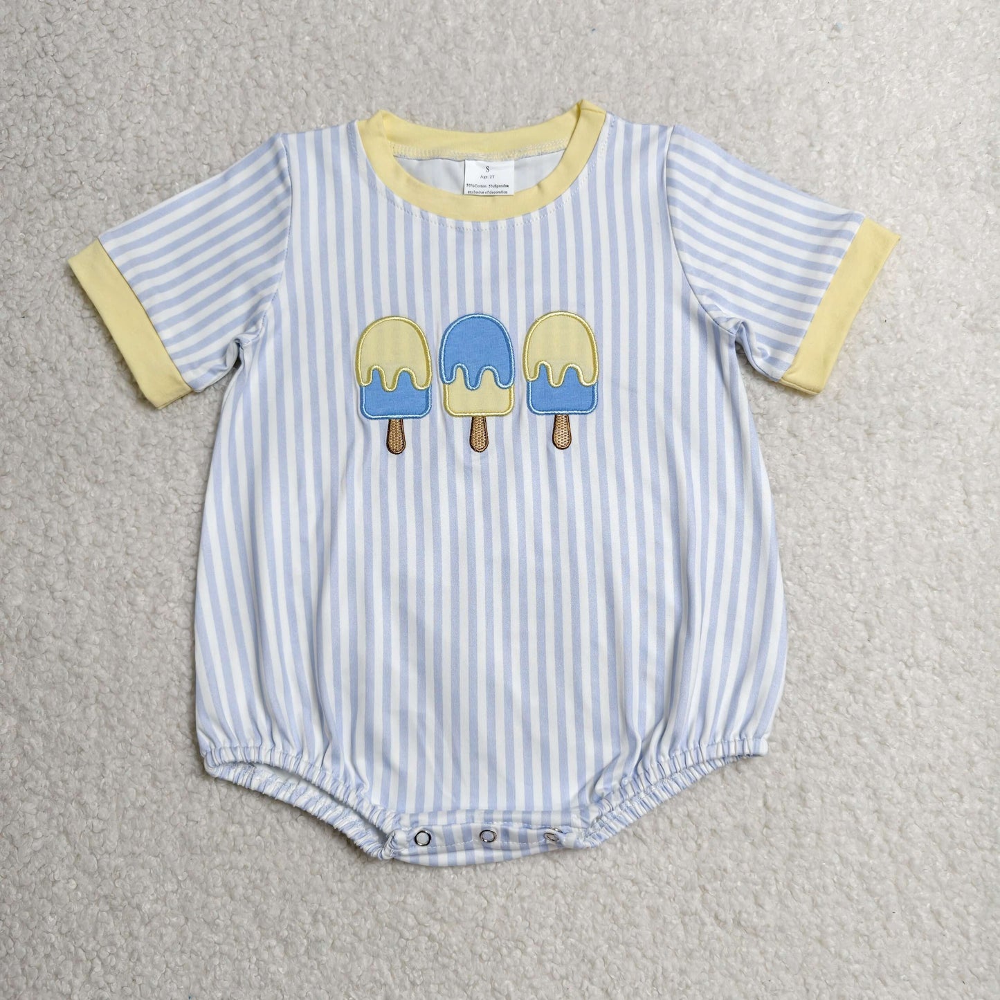 RTS NO MOQ milk silk SR4107 Baby Boys Blue Stripe Printed Popsicle Embroidery Summer Rompers
