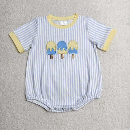 RTS NO MOQ milk silk SR4107 Baby Boys Blue Stripe Printed Popsicle Embroidery Summer Rompers
