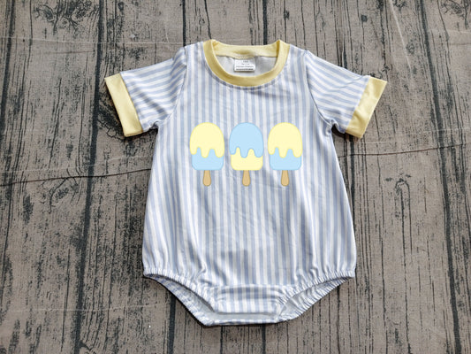 (Sample) No moq SR4107 Embroidery Baby Boys Blue Stripe Printed Popsicle Embroidery Summer Rompers
