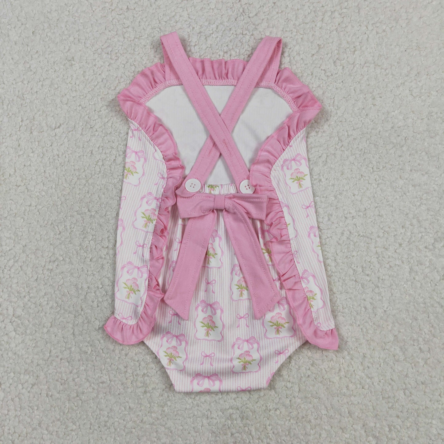RTS NO MOQ SR4112 Baby Girls Pink Strap Floral Back Bows Ruffle Sleeveless Rompers