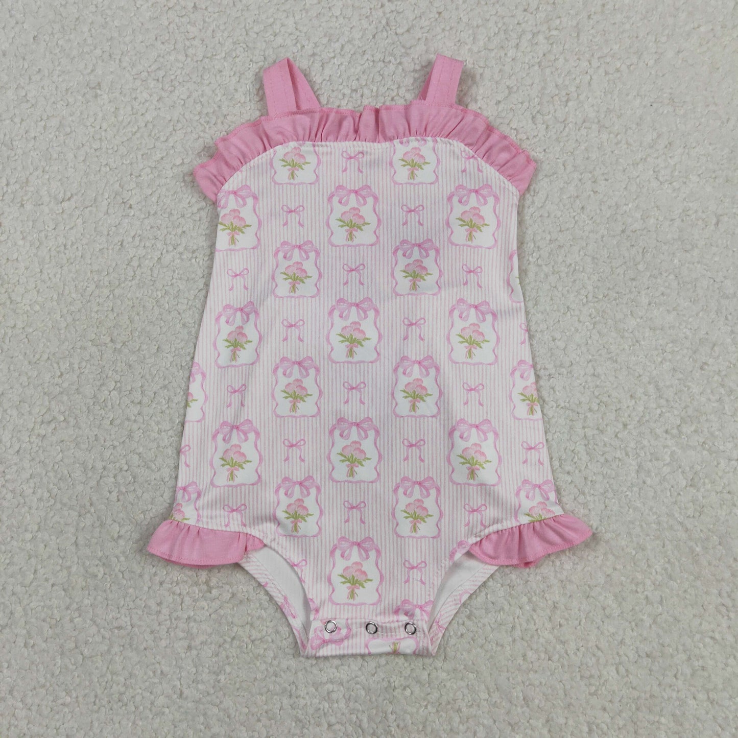 RTS NO MOQ SR4112 Baby Girls Pink Strap Floral Back Bows Ruffle Sleeveless Rompers