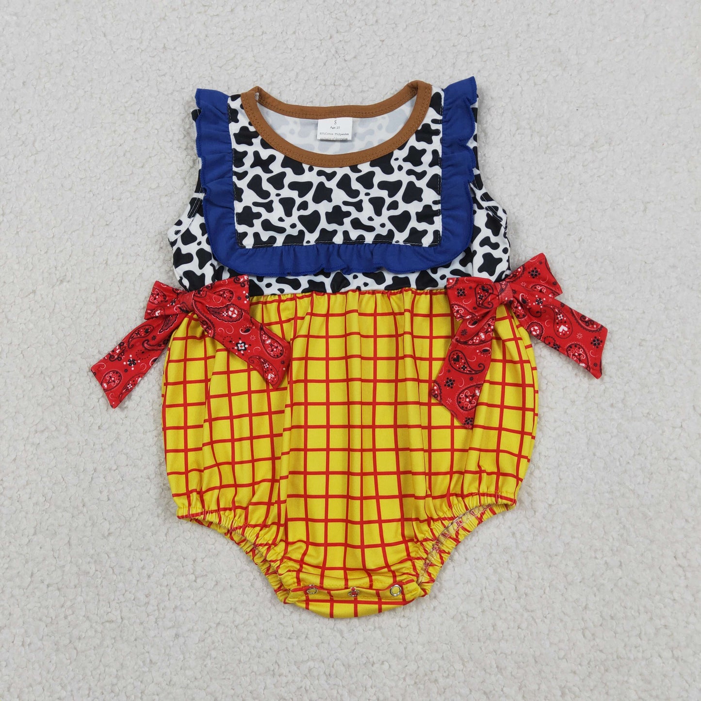 RTS NO MOQ SR4115 Baby Girls Cow Print Yellow Checked Ruffle Rompers Sleeveless Casual Outfit
