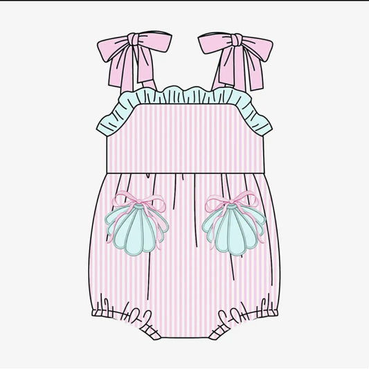 (Pre Order) No moq SR4127 Baby Girls Pink Striped Strap Ruffle Rompers