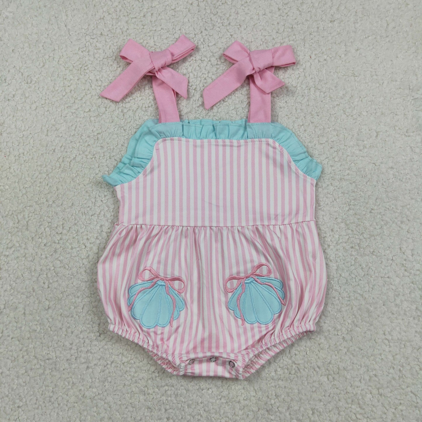 RTS NO MOQ milk silk SR4127 Baby Girls Cute Shell Embroidery Pockets Pink Stripe Strap Ruffle Rompers