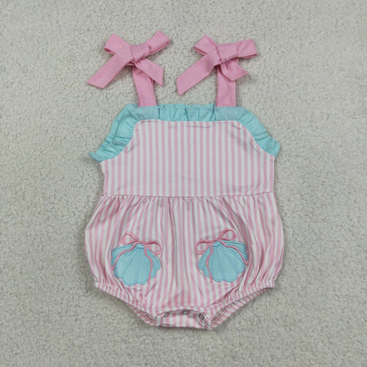 RTS NO MOQ milk silk SR4127 Baby Girls Cute Shell Embroidery Pockets Pink Stripe Strap Ruffle Rompers
