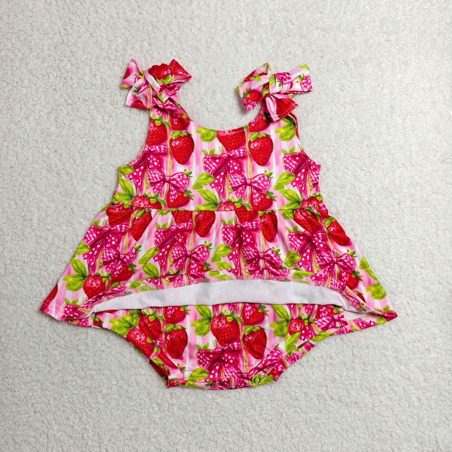 RTS NO MOQ milk silk  SR4134 Baby Girls Ruffle Trim Strawberry Strap Bow Summer Rompers