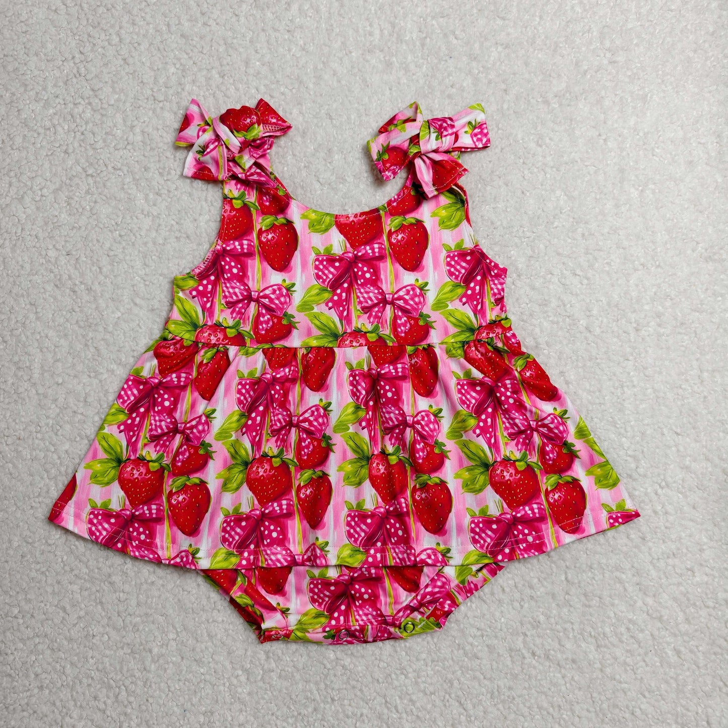 RTS NO MOQ milk silk  SR4134 Baby Girls Ruffle Trim Strawberry Strap Bow Summer Rompers