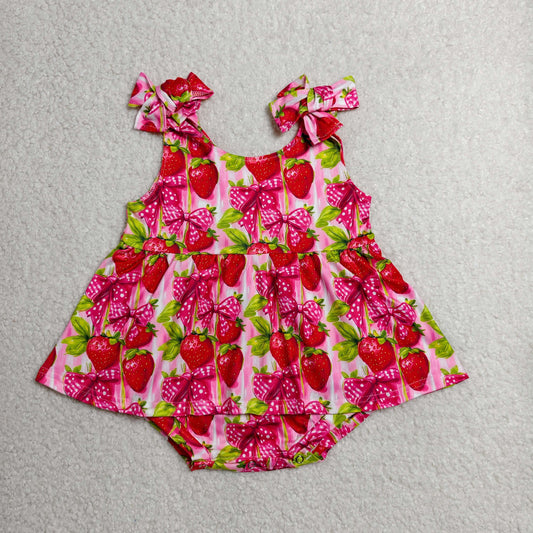 RTS NO MOQ milk silk  SR4134 Baby Girls Ruffle Trim Strawberry Strap Bow Summer Rompers