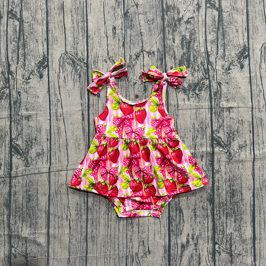 (Sample) No moq milk silk SR4134 Baby Girls Ruffle Trim Strawberry Strap Bow Rompers