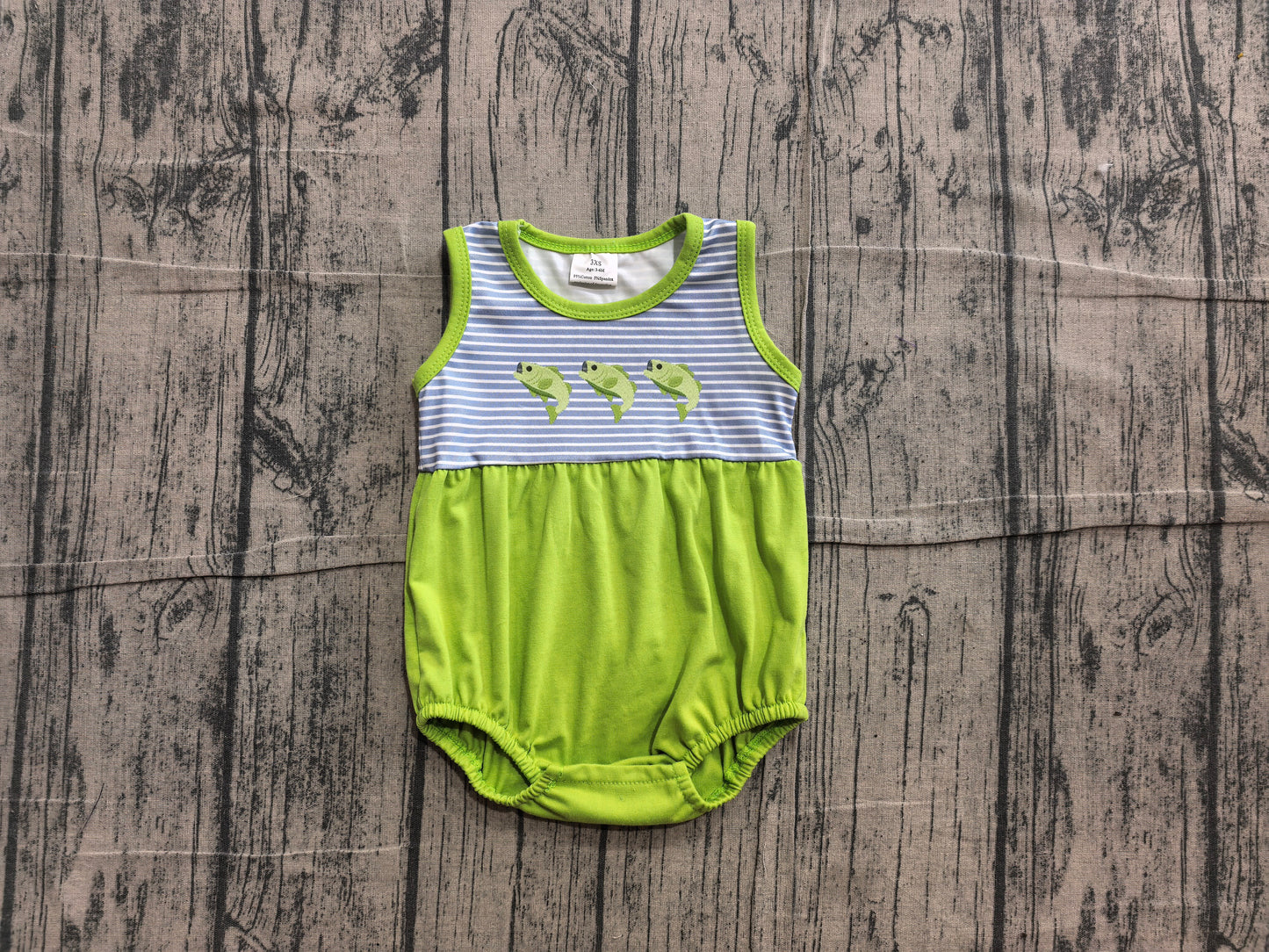 (Sample) No moq SR4139 Embroidery Baby Boys Fish Sleeveless Stripe Fishing Hunting Rompers