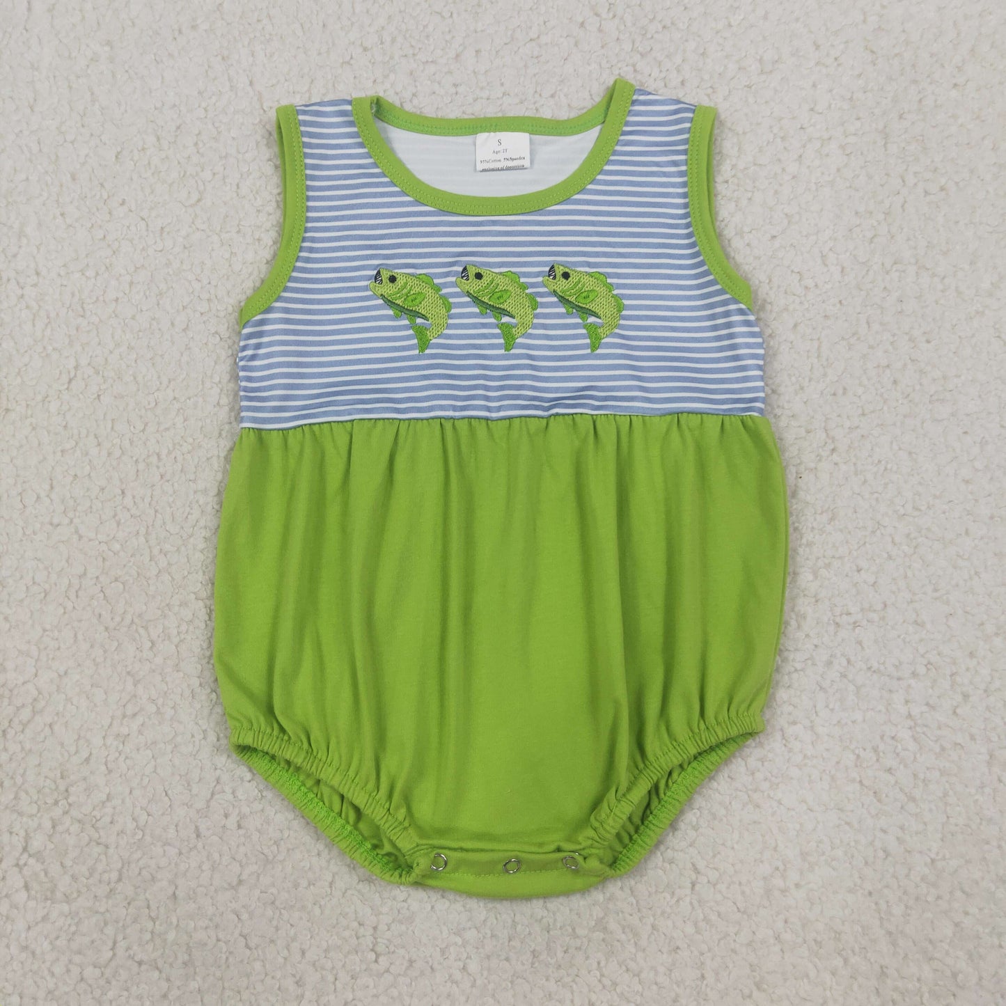 RTS NO MOQ Sibling milk silk  Embroidery Fishes Baby Boys Short Sleeve Stripe Top Short Hunting Clothes Sets Romper